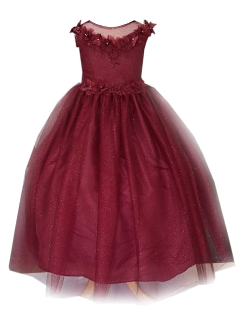 Big Girls Burgundy Illusion Neckline Floral Applique Glitter Tulle Dress 8-16 - SophiasStyle.com